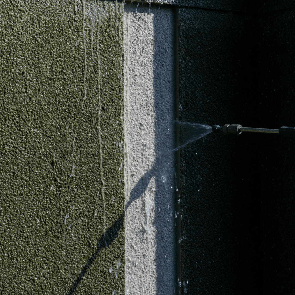 Nahaufnahme einer Putzwand mit grünem Algenbelag, eine Sprühlanze richtet einen Wasserstrahl darauf, daneben ein heller Streifen Putz