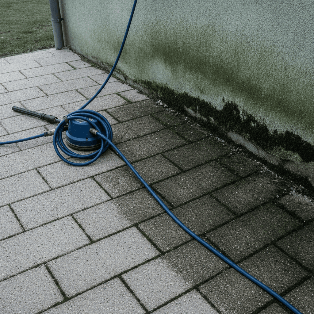 Pflasterfläche vor einer Hauswand, darauf ein blauer Flächenreiniger mit aufgerolltem Schlauch; an der Wand grüner Algenbelag und Moos in den Randfugen